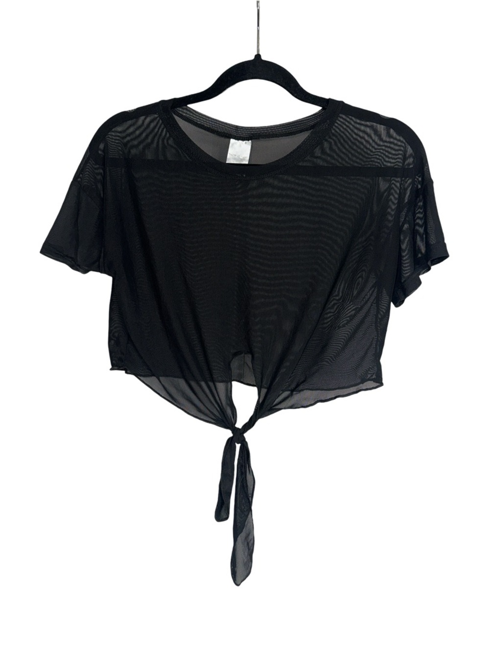 Black Tie-Front Sheer Crop Tee - Women Tops